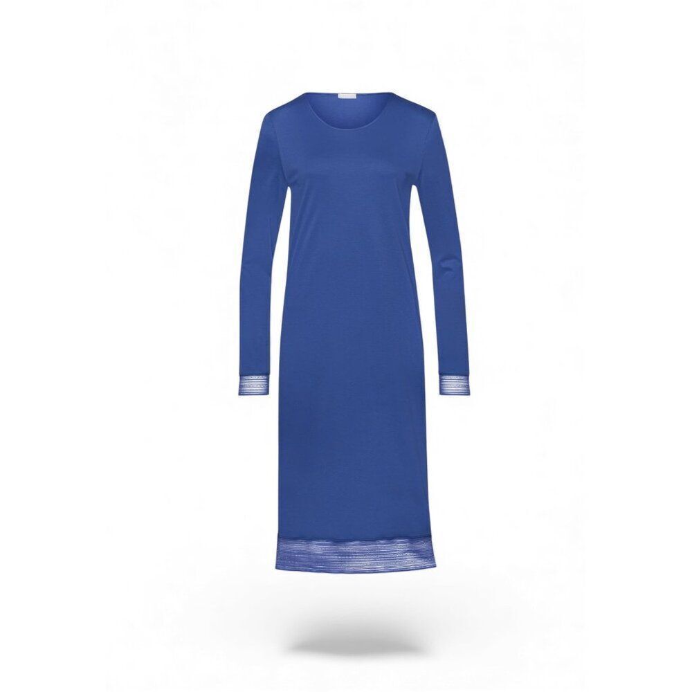 HANRO Sophie $235 Lace Trim Cotton Nightgown Blue Horizon Size M Long Sleeve NWT